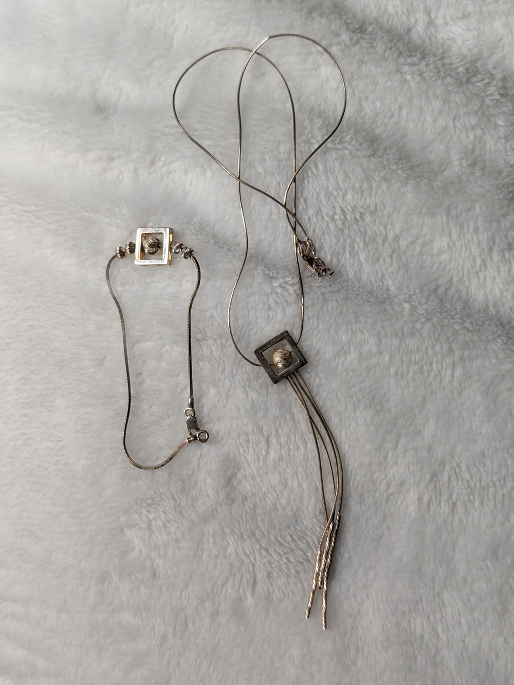 Silver Square Pendant Necklace and Bracelet Set